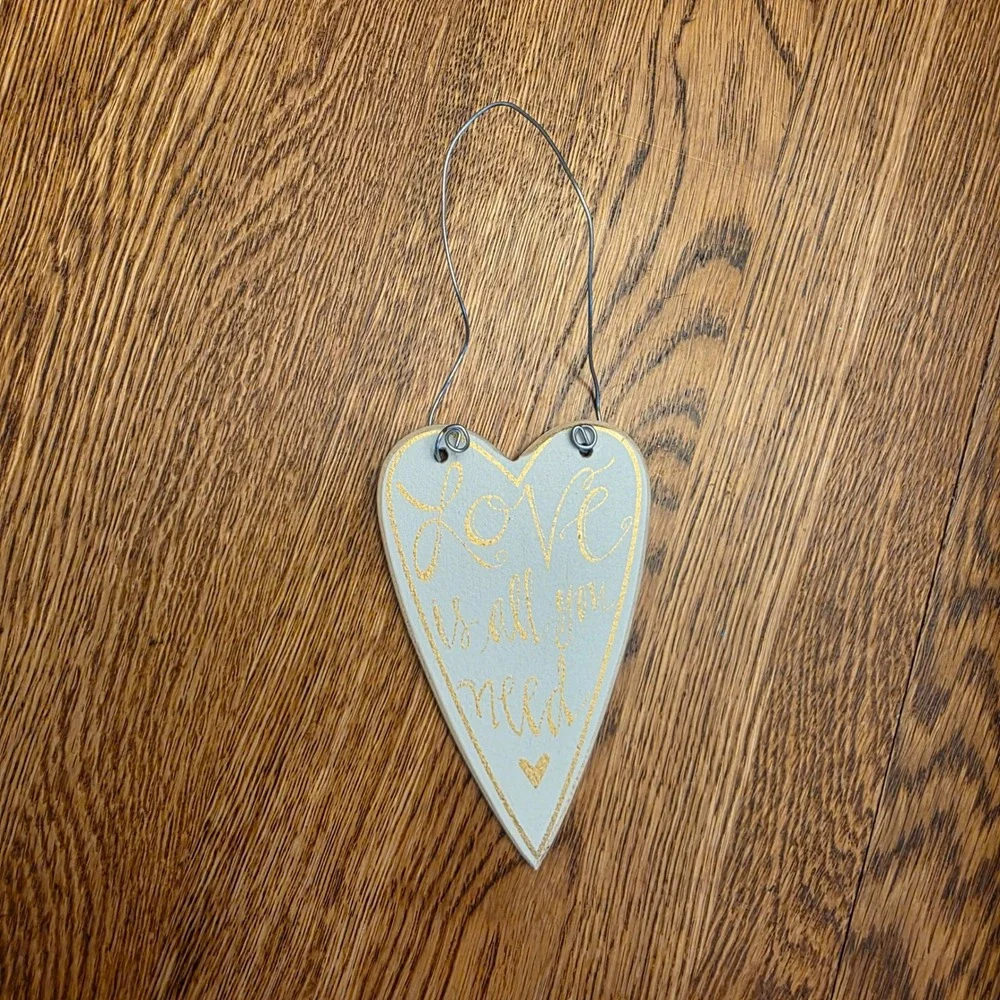 Rustic Wood White Heart Wall Hanging Ornament Love Is All You‎ Need Gold Script
